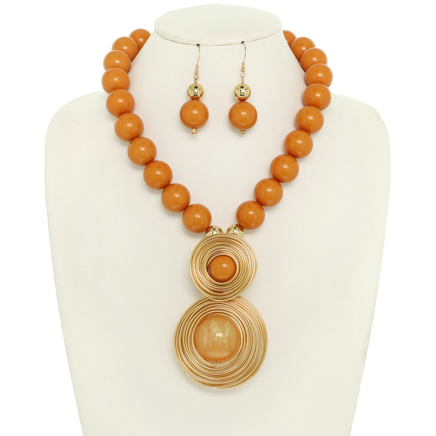 STATEMENT WIRE BALL PENDANT NECKLACE EARRING SET WITH SPIRAL ACCENTS