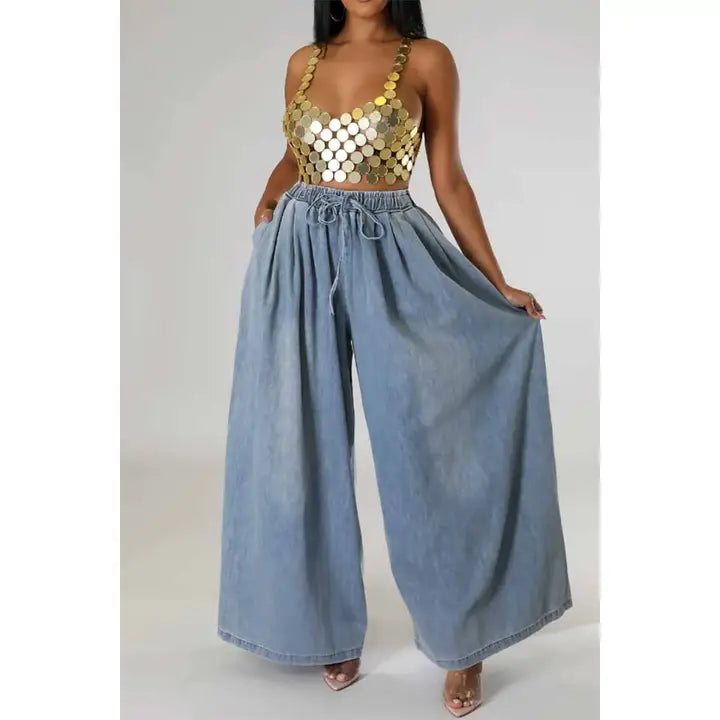 Wide-leg Drawstring Denim Pants With Pockets