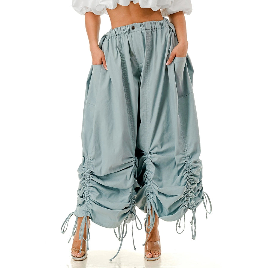 High Waisted Baggy Poplin Ruched Pants