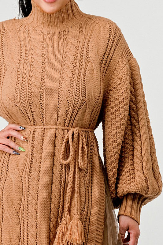 Twist Knit Turtleneck Sweater Dress Long Sleeve Fashion Spring Autumn Women Camel Bandage Hem Slit Long Knitting Casual Dress