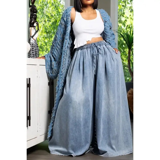 Wide-leg Drawstring Denim Pants With Pockets