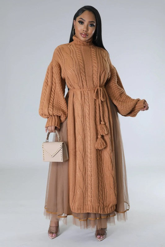 Twist Knit Turtleneck Sweater Dress Long Sleeve Fashion Spring Autumn Women Camel Bandage Hem Slit Long Knitting Casual Dress