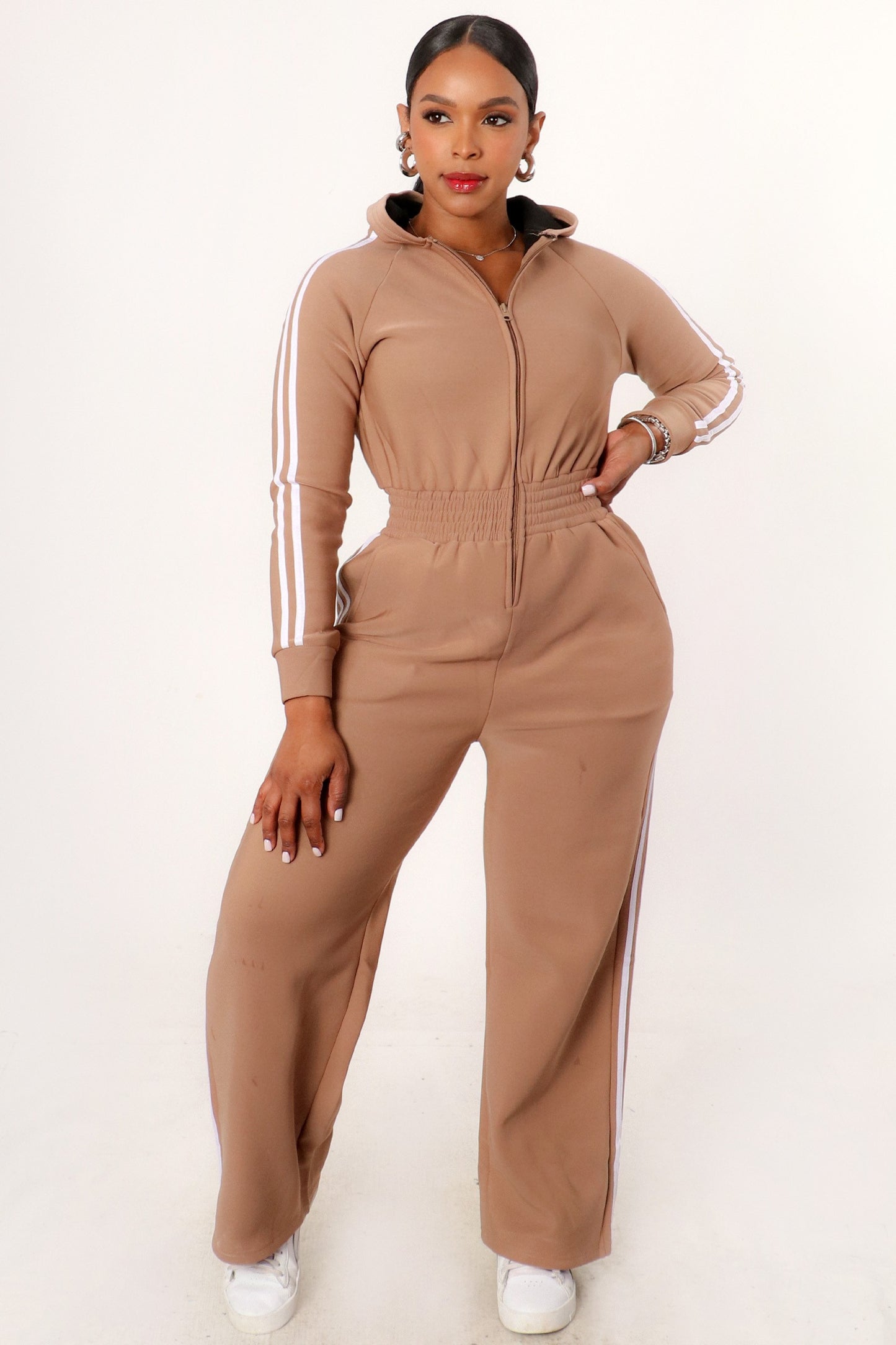 Striped Pattern Hoodie Jumpsuit With Cinched Waist