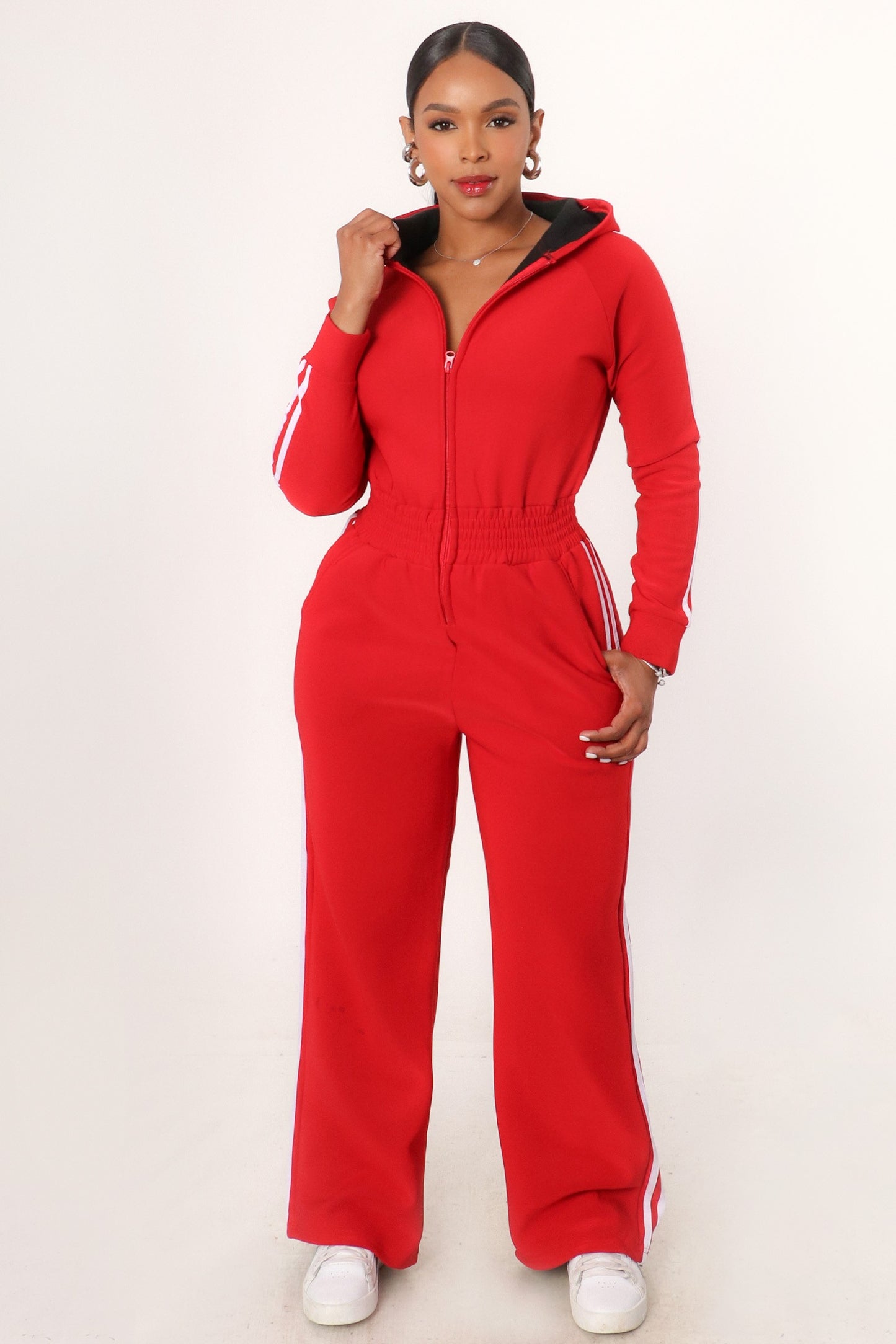Striped Pattern Hoodie Jumpsuit With Cinched Waist
