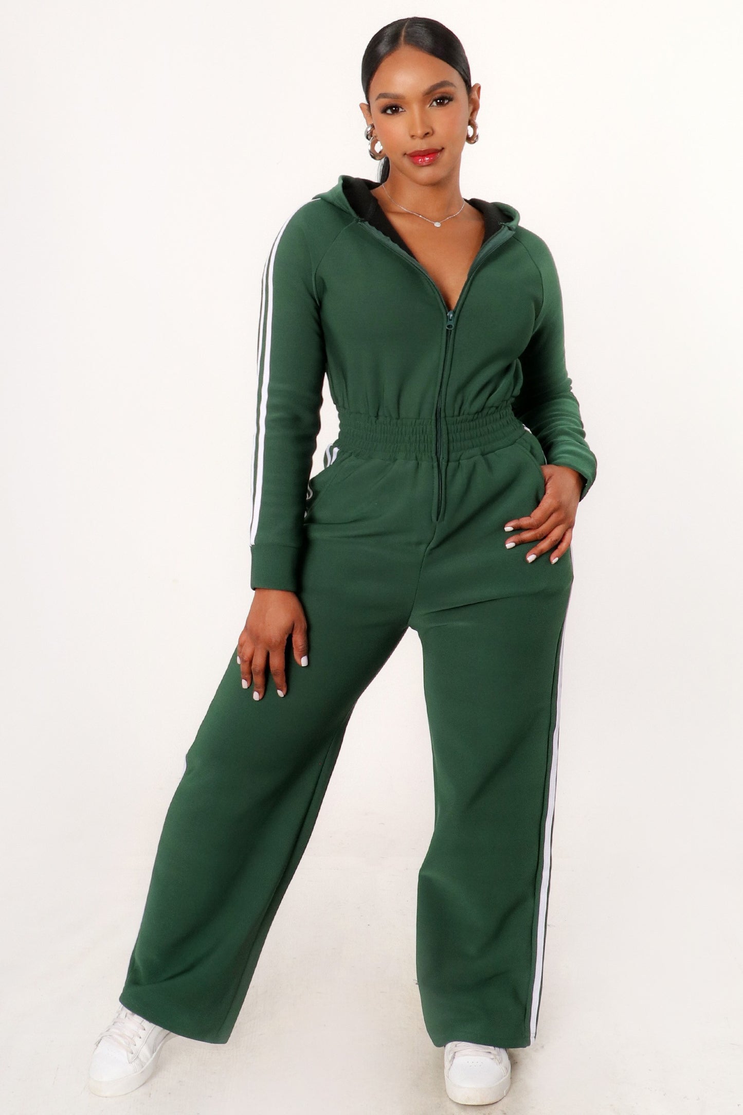 Striped Pattern Hoodie Jumpsuit With Cinched Waist
