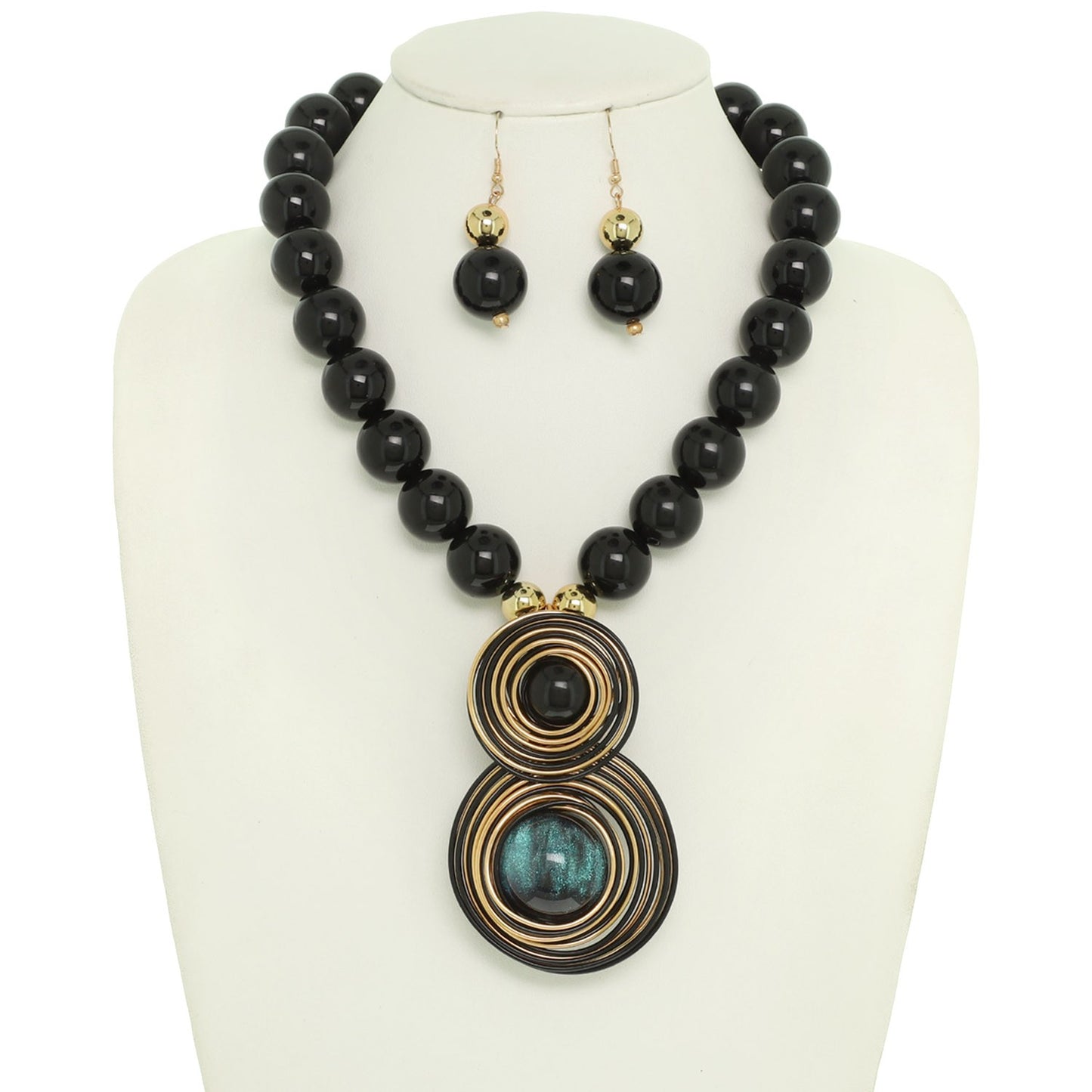STATEMENT WIRE BALL PENDANT NECKLACE EARRING SET WITH SPIRAL ACCENTS