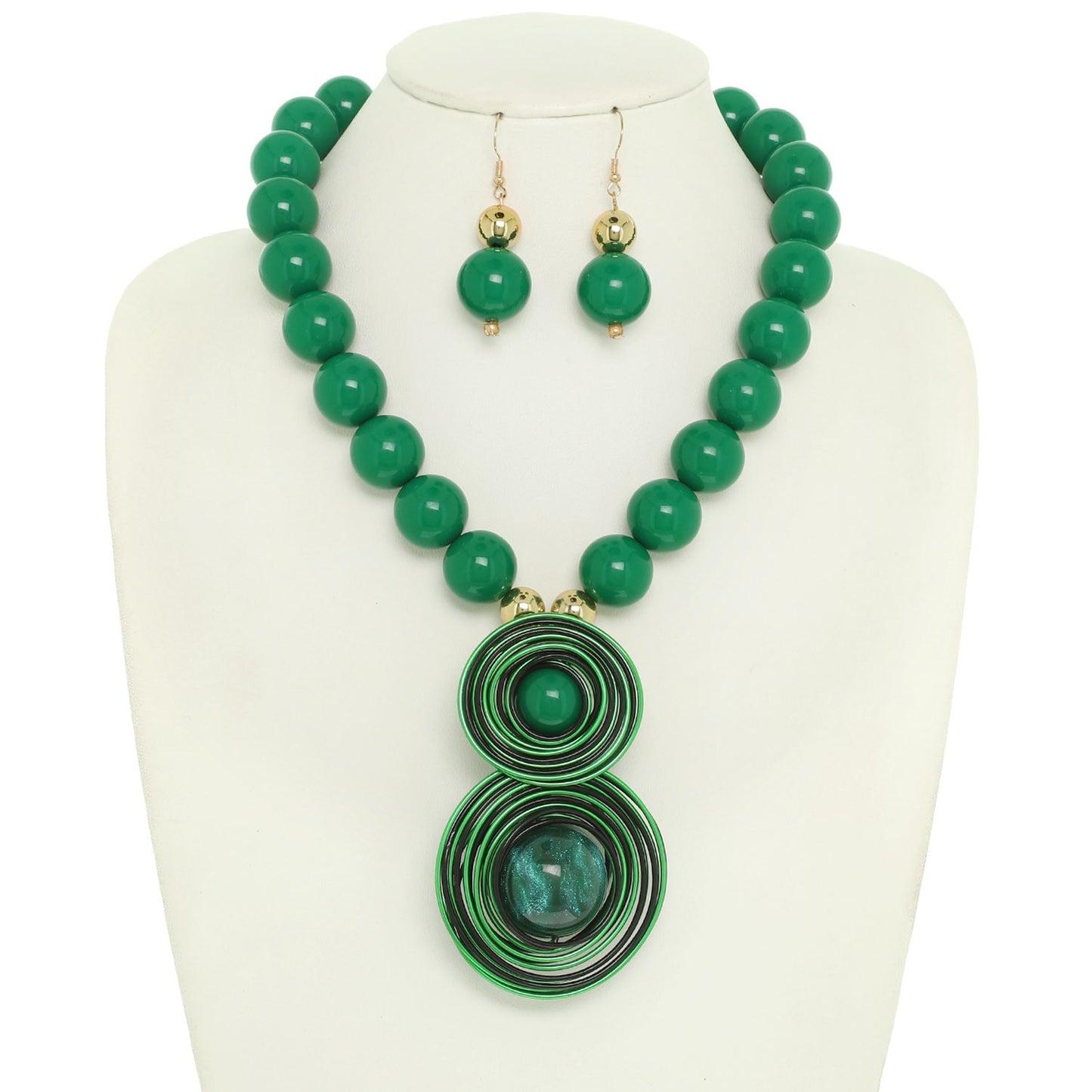 STATEMENT WIRE BALL PENDANT NECKLACE EARRING SET WITH SPIRAL ACCENTS