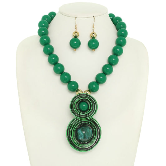 STATEMENT WIRE BALL PENDANT NECKLACE EARRING SET WITH SPIRAL ACCENTS