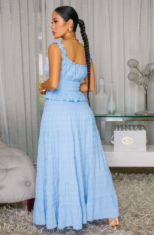 Textured Smocked Top & Tiered Maxi Skirt Set