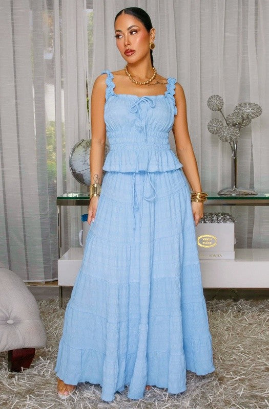 Textured Smocked Top & Tiered Maxi Skirt Set