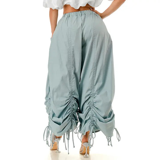 High Waisted Baggy Poplin Ruched Pants