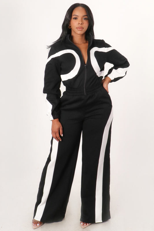 COLOR CONTRAST ZIP UP FLEECE JUMPSUIT