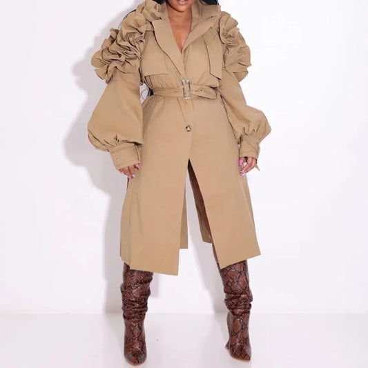 Vintage Unique Solid Color Lacing Slim Loose Over Long England Elegant Fall Winter Ruffle trench coat women's jackets