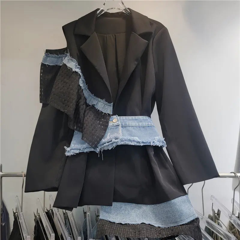 New Arrivals Fashion Fall Winter Unique Vintage Streetwear Irregular Jean Denim Patchwork Blazer Suit Coat Women' Jacket Top