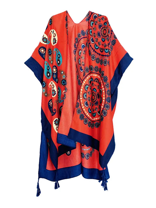 Red-Blue Tassel-Accent Paisley Kimono