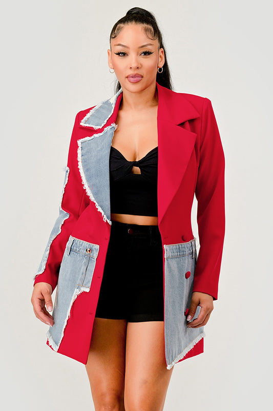 Red and Denim Mix Casual Blazer