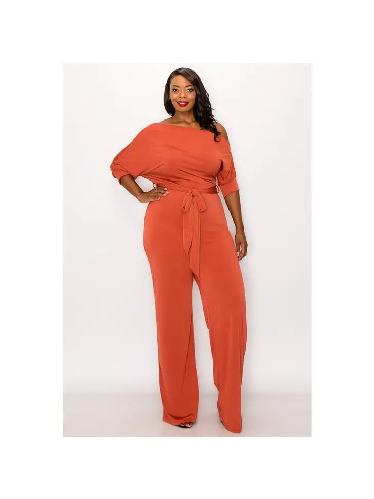 Plus One Shoulder Waist Tie Jumpsuit coral