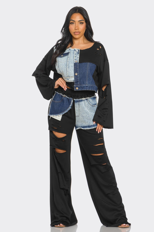 Distressed Denim Patchwork Set