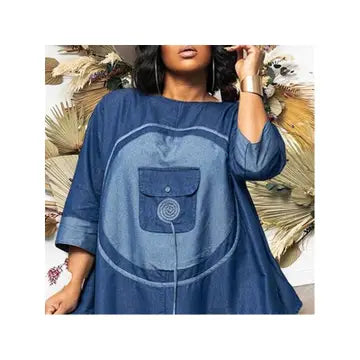 Long Denim Fabric Suit with Short Sleeves